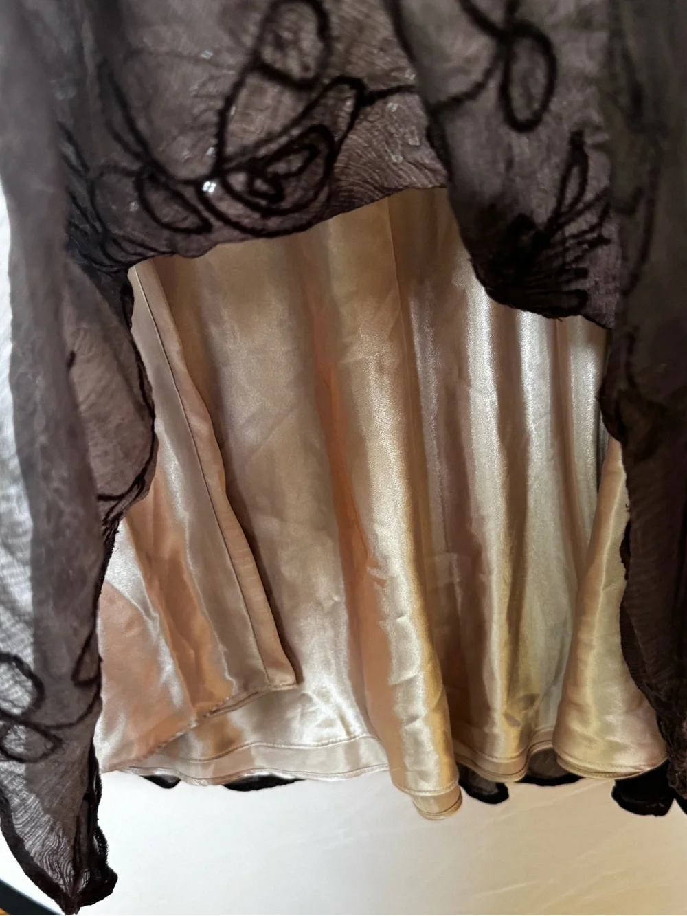 Anne Klein NEW Y2K 100% Silk Sheer Embroidered Sequin Midi Skirt Brown 4 Boho - Picture 7 of 16